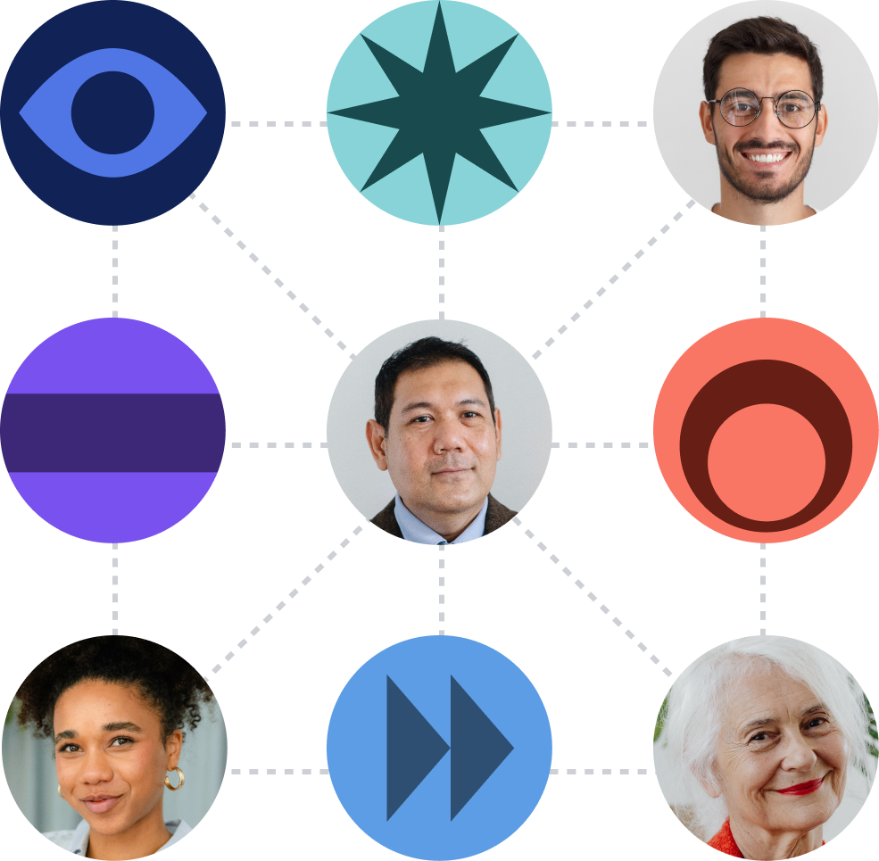 A 3 by 3 grid pattern that connects different icons and people